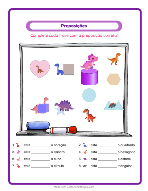 Pré-visualização da ficha de Preposições com Dinossauros para Educação infantil (pré-escola, 5-7 anos)