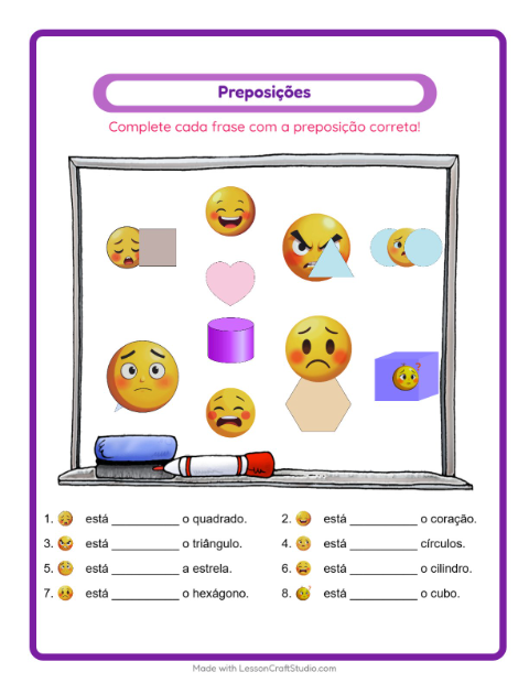 Pré-visualização da ficha de Preposições com Emoções para Educação infantil (pré-escola, 5-7 anos)