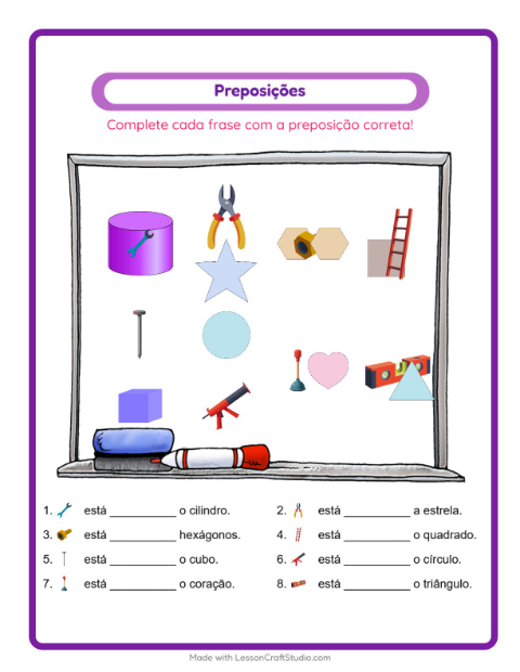 Pré-visualização da ficha de Preposições com Ferramentas para Educação infantil (pré-escola, 5-7 anos)