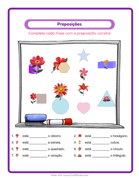 Pré-visualização da ficha de Preposições com Flores para Educação infantil (pré-escola, 5-7 anos)