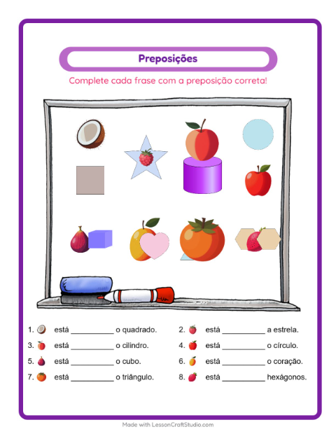 Pré-visualização da ficha de Preposições com Frutas para Educação infantil (pré-escola, 5-7 anos)