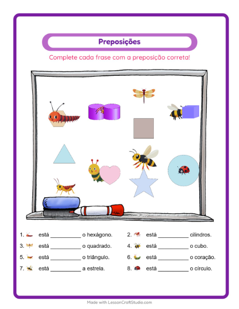 Pré-visualização da ficha de Preposições com Insetos e bichos para Educação infantil (pré-escola, 5-7 anos)