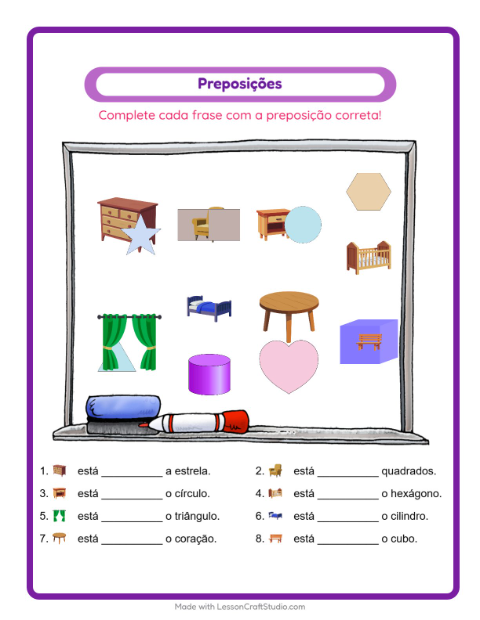 Pré-visualização da ficha de Preposições com Móveis para Educação infantil (pré-escola, 5-7 anos)