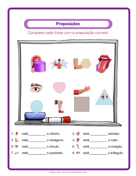 Pré-visualização da ficha de Preposições com Partes do corpo para Educação infantil (pré-escola, 5-7 anos)