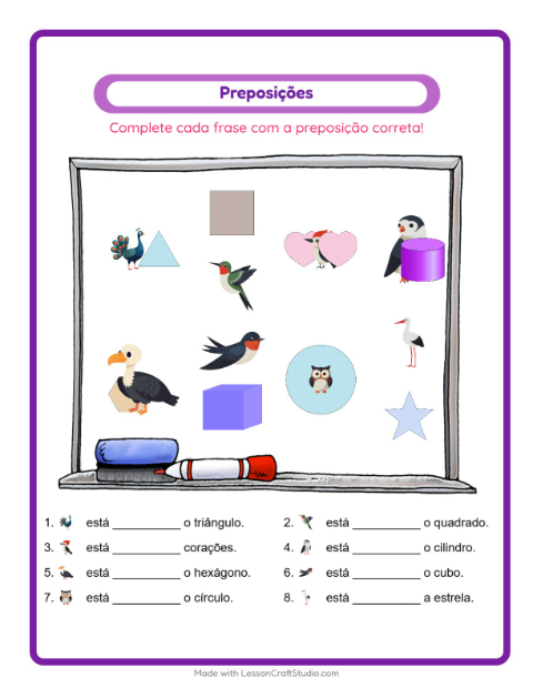 Pré-visualização da ficha de Preposições com Pássaros 2 para Educação infantil (pré-escola, 5-7 anos)