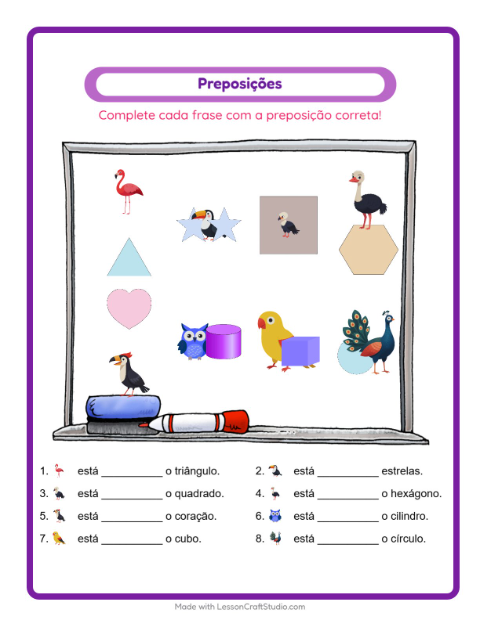 Pré-visualização da ficha de Preposições com Pássaros para Educação infantil (pré-escola, 5-7 anos)