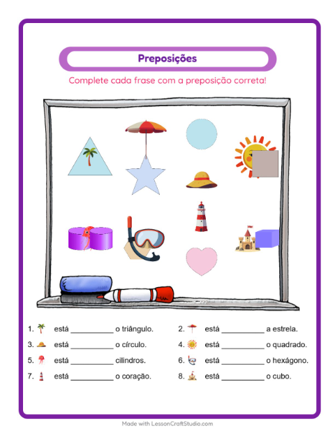 Pré-visualização da ficha de Preposições com Praia para Educação infantil (pré-escola, 5-7 anos)