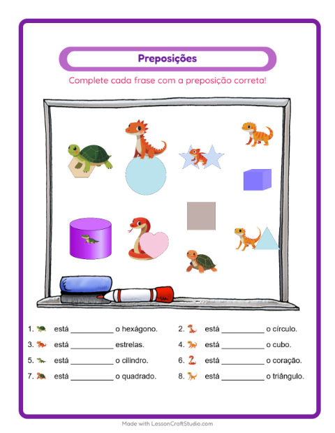 Pré-visualização da ficha de Preposições com Répteis e anfíbios para Educação infantil (pré-escola, 5-7 anos)