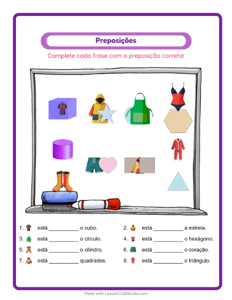 Pré-visualização da ficha de Preposições com Roupas para Educação infantil (pré-escola, 5-7 anos)