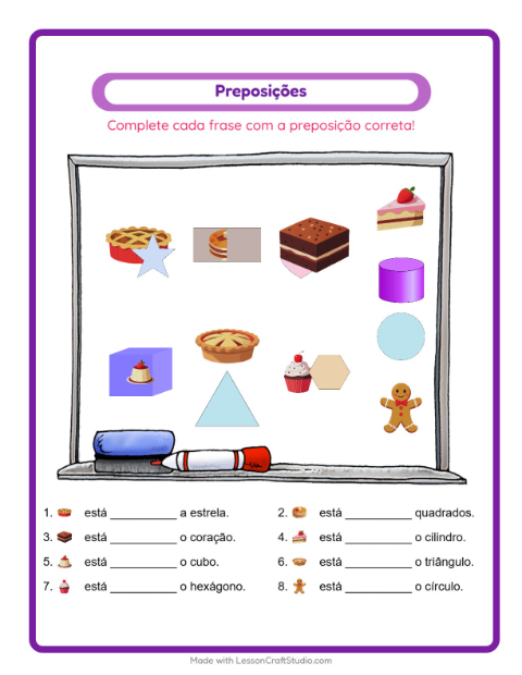 Pré-visualização da ficha de Preposições com Sobremesas e doces para Educação infantil (pré-escola, 5-7 anos)