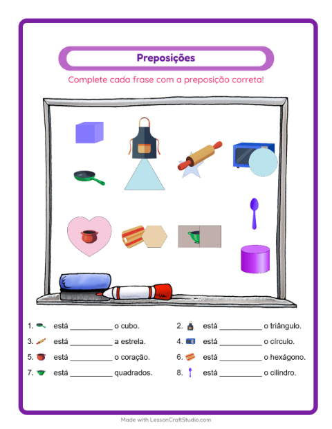 Pré-visualização da ficha de Preposições com Utensílios de cozinha para Educação infantil (pré-escola, 5-7 anos)