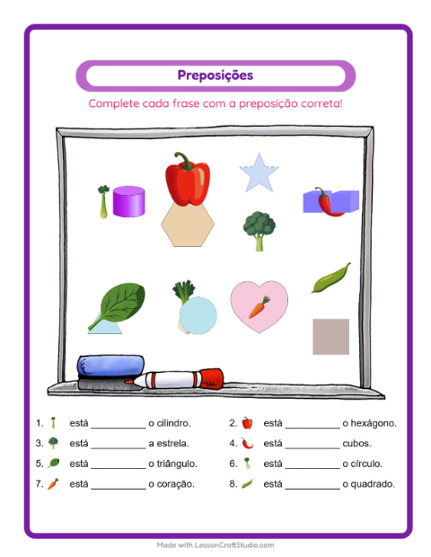 Pré-visualização da ficha de Preposições com Vegetais para Educação infantil (pré-escola, 5-7 anos)
