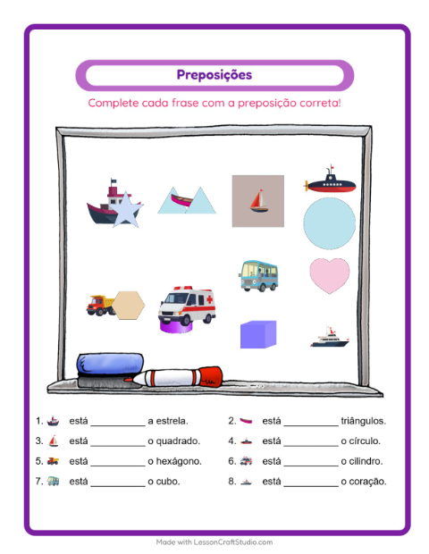 Pré-visualização da ficha de Preposições com Veículos para Educação infantil (pré-escola, 5-7 anos)