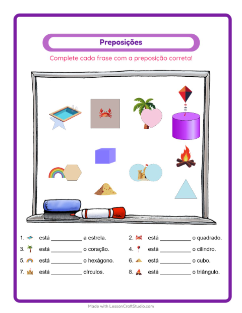 Pré-visualização da ficha de Preposições com Verão para Educação infantil (pré-escola, 5-7 anos)