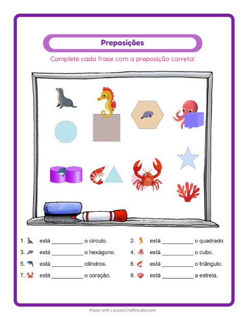 Pré-visualização da ficha de Preposições com Vida marinha para Educação infantil (pré-escola, 5-7 anos)