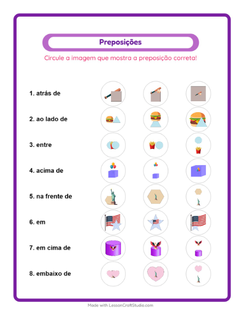 Pré-visualização da ficha de Preposições com 4 de Julho para Educação infantil (pré-escola, 5-7 anos)