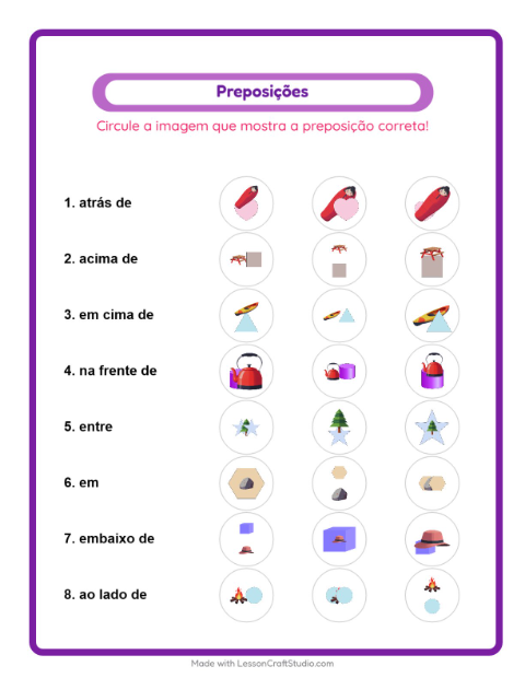 Pré-visualização da ficha de Preposições com Acampamento para Educação infantil (pré-escola, 5-7 anos)