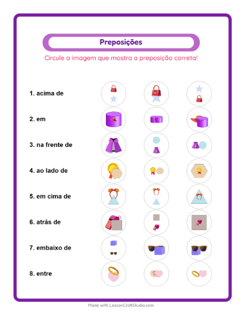 Pré-visualização da ficha de Preposições com Acessórios para Educação infantil (pré-escola, 5-7 anos)