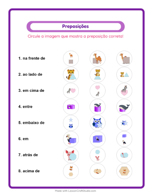 Pré-visualização da ficha de Preposições com Animais para Educação infantil (pré-escola, 5-7 anos)