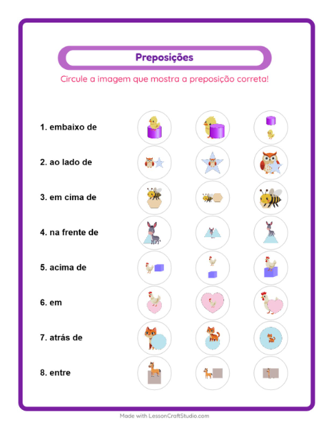 Pré-visualização da ficha de Preposições com Animais da fazenda para Educação infantil (pré-escola, 5-7 anos)