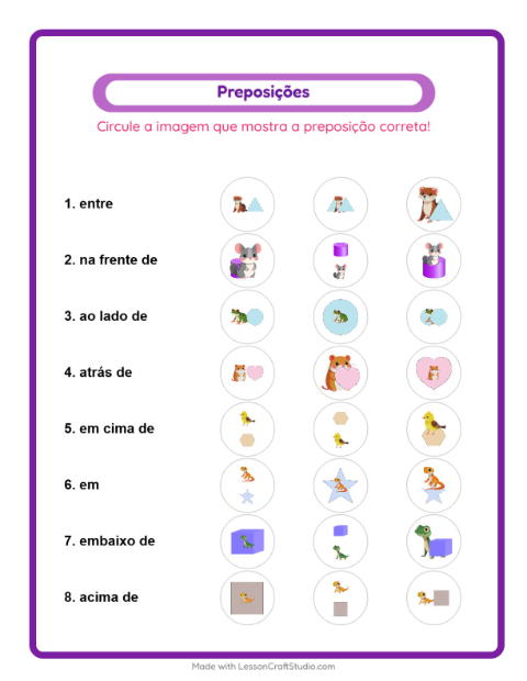 Pré-visualização da ficha de Preposições com Animais de estimação para Educação infantil (pré-escola, 5-7 anos)