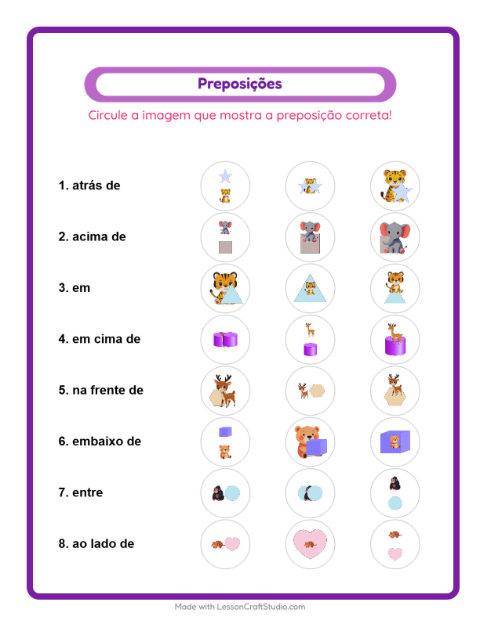Pré-visualização da ficha de Preposições com Animais do zoológico para Educação infantil (pré-escola, 5-7 anos)