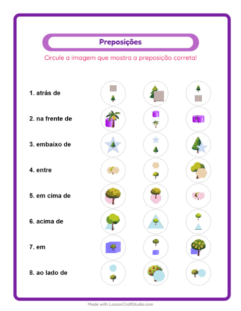 Pré-visualização da ficha de Preposições com Árvores para Educação infantil (pré-escola, 5-7 anos)