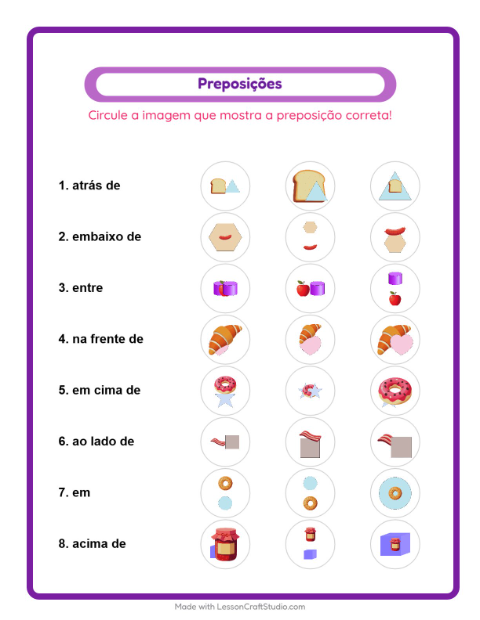 Pré-visualização da ficha de Preposições com Café da manhã para Educação infantil (pré-escola, 5-7 anos)