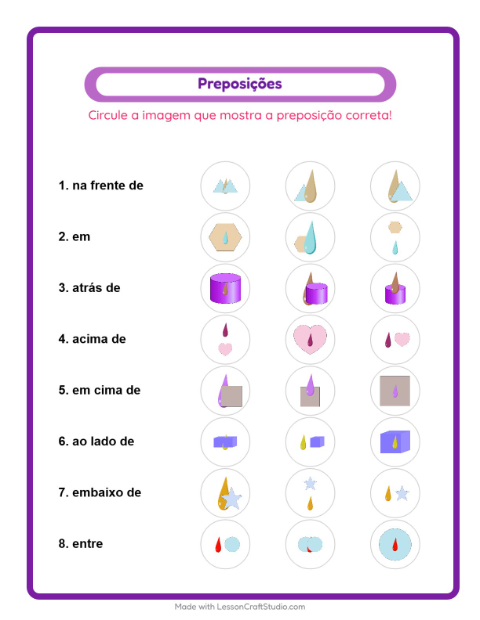 Pré-visualização da ficha de Preposições com Cores para Educação infantil (pré-escola, 5-7 anos)