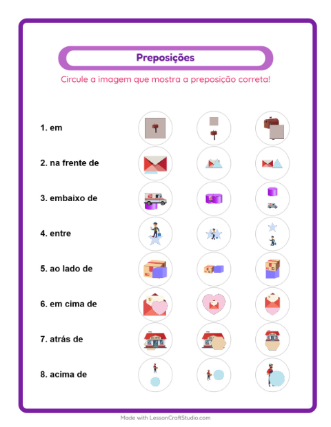 Pré-visualização da ficha de Preposições com Correios para Educação infantil (pré-escola, 5-7 anos)