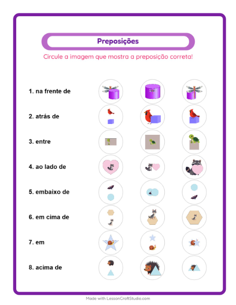 Pré-visualização da ficha de Preposições com Criaturas da floresta para Educação infantil (pré-escola, 5-7 anos)