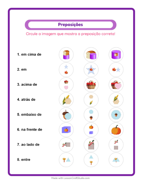 Pré-visualização da ficha de Preposições com Dia de Ação de Graças para Educação infantil (pré-escola, 5-7 anos)