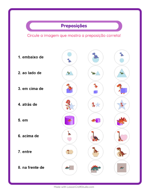 Pré-visualização da ficha de Preposições com Dinossauros para Educação infantil (pré-escola, 5-7 anos)