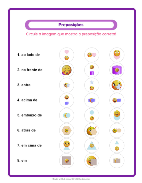 Pré-visualização da ficha de Preposições com Emoções para Educação infantil (pré-escola, 5-7 anos)