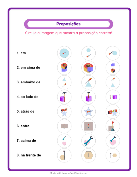 Pré-visualização da ficha de Preposições com Ferramentas para Educação infantil (pré-escola, 5-7 anos)