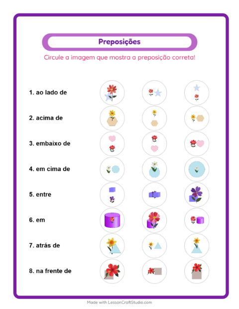 Pré-visualização da ficha de Preposições com Flores para Educação infantil (pré-escola, 5-7 anos)