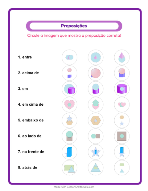 Pré-visualização da ficha de Preposições com Formas para Educação infantil (pré-escola, 5-7 anos)