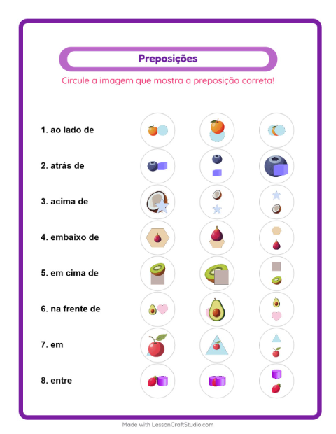 Pré-visualização da ficha de Preposições com Frutas para Educação infantil (pré-escola, 5-7 anos)
