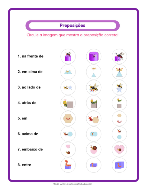 Pré-visualização da ficha de Preposições com Insetos e bichos para Educação infantil (pré-escola, 5-7 anos)