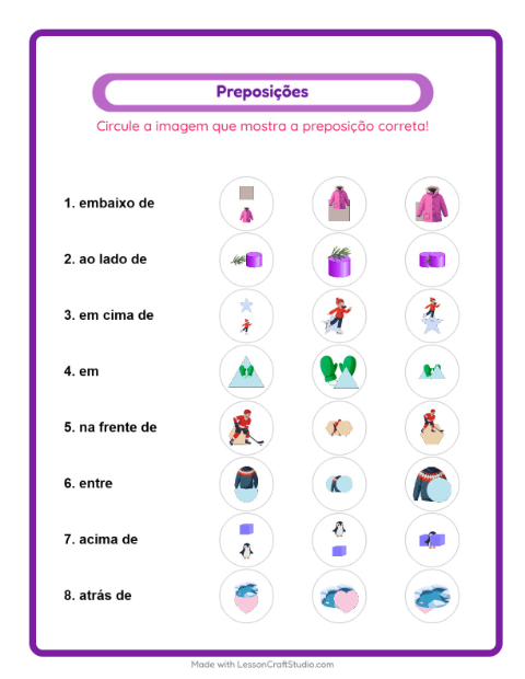 Pré-visualização da ficha de Preposições com Inverno para Educação infantil (pré-escola, 5-7 anos)