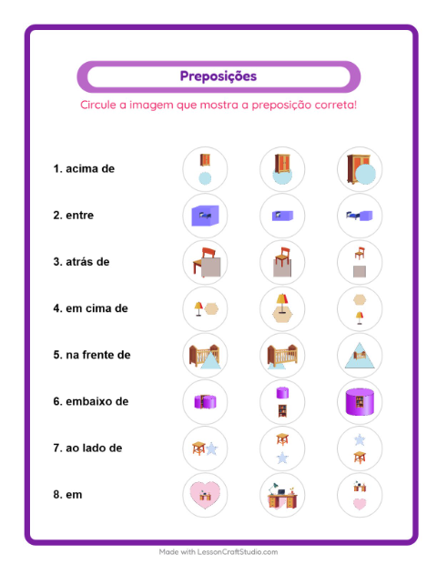 Pré-visualização da ficha de Preposições com Móveis para Educação infantil (pré-escola, 5-7 anos)