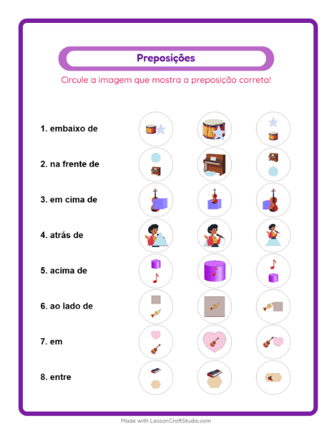 Pré-visualização da ficha de Preposições com Música para Educação infantil (pré-escola, 5-7 anos)