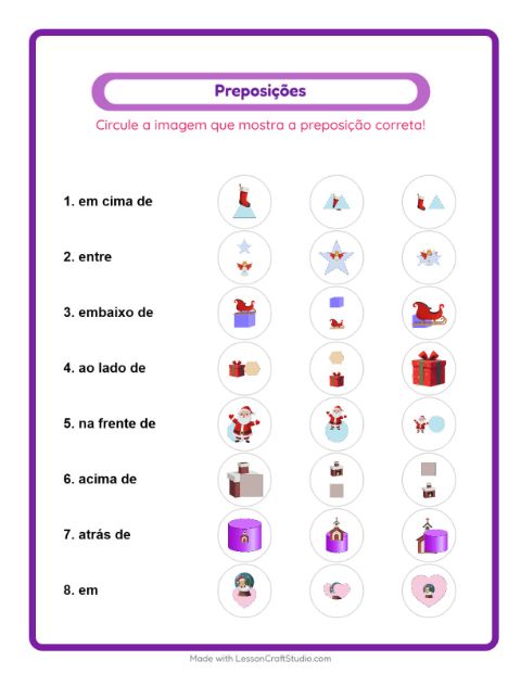 Pré-visualização da ficha de Preposições com Natal para Educação infantil (pré-escola, 5-7 anos)
