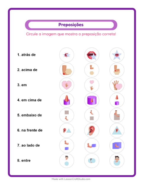 Pré-visualização da ficha de Preposições com Partes do corpo para Educação infantil (pré-escola, 5-7 anos)