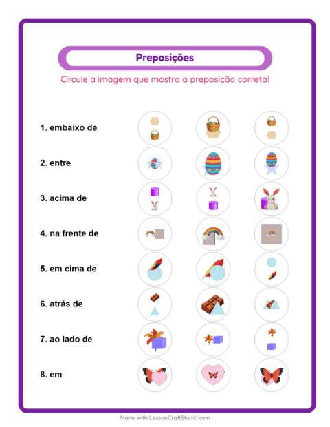 Pré-visualização da ficha de Preposições com Páscoa para Educação infantil (pré-escola, 5-7 anos)