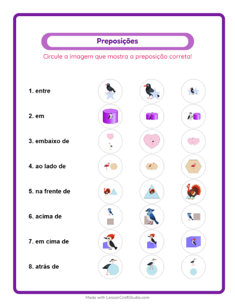 Pré-visualização da ficha de Preposições com Pássaros 2 para Educação infantil (pré-escola, 5-7 anos)