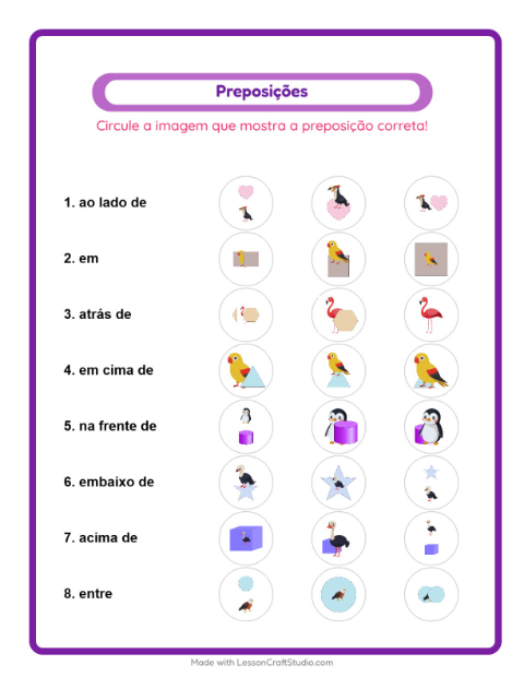 Pré-visualização da ficha de Preposições com Pássaros para Educação infantil (pré-escola, 5-7 anos)