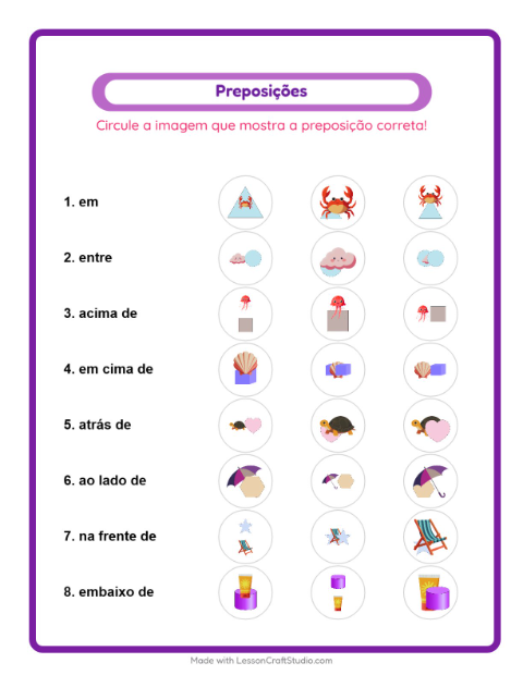 Pré-visualização da ficha de Preposições com Praia para Educação infantil (pré-escola, 5-7 anos)