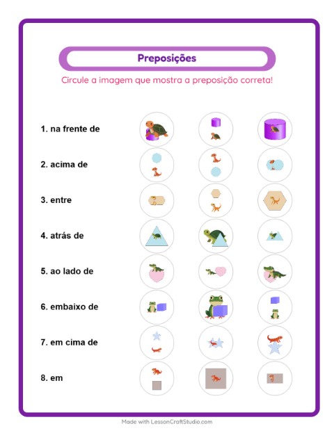 Pré-visualização da ficha de Preposições com Répteis e anfíbios para Educação infantil (pré-escola, 5-7 anos)