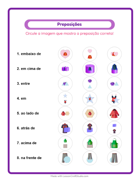 Pré-visualização da ficha de Preposições com Roupas para Educação infantil (pré-escola, 5-7 anos)